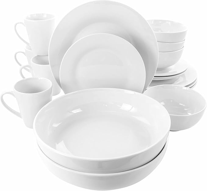 18 Piece White Porcelain Dinnerware Set – Round Plates Bowls Mugs &amp Serving Bowls for 4 Microwave &amp Dishwasher Safe Elegant Glossy Finish Tableware Set