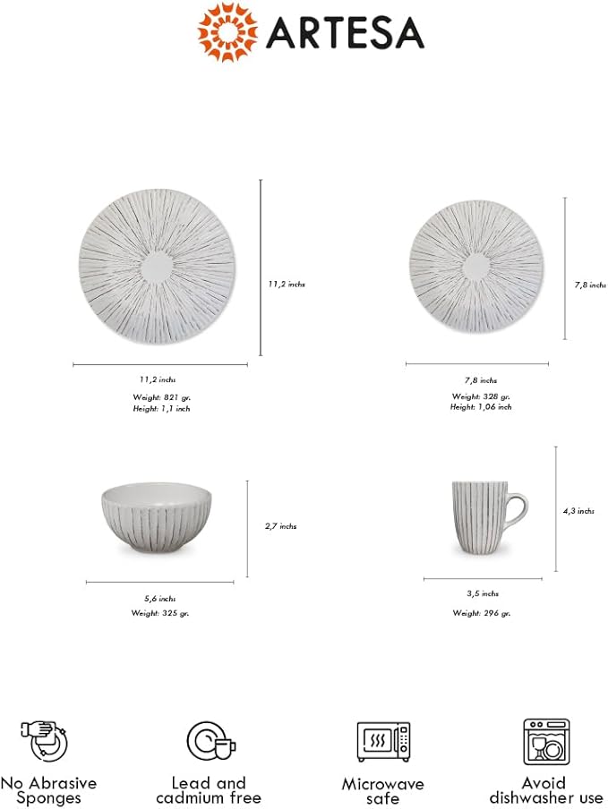 Artesa Organics Shell Ceramic Dinnerware Set White Matte Hand-Painted 4-Piece Place Setting with Dinner Plate Salad Plate Bowl Mug Microwave Safe