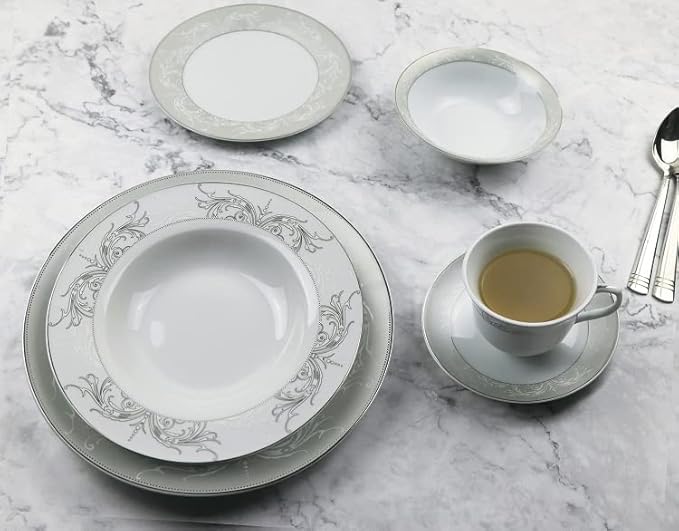 Stylish and Elegant 24 Pieces Porcelain Dinnerware Set Service for 4 People - Olympia-Mix and Match Silver Border
