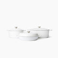 Larder &amp Vine 6-Piece Enameled Cast Iron Pan Cookware Sets Includes 8 Quart and 5.7 Quart Dutch Oven with Lids Braiser/Crock Pot with Lid (White)
