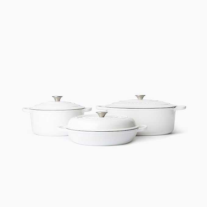Larder &amp Vine 6-Piece Enameled Cast Iron Pan Cookware Sets Includes 8 Quart and 5.7 Quart Dutch Oven with Lids Braiser/Crock Pot with Lid (White)
