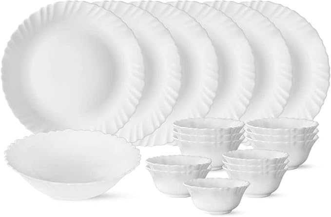 Borosil Gourmet Dinnerware Set For 6 19 Pieces White Dinner Plates and Bowls Sets Chip Resistant Tempered Opal Glass Stain Resistant Dishwasher &amp Microwave Safe Dinner Set For Gifting Serves