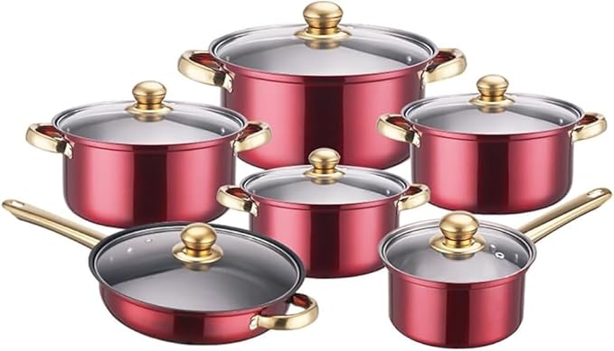 Stainless Heavy Steel Pots and Pans Set 12PCS Ktichen Stainless Steel Nonstick Cookware Set with Glass Lids Full Clad Cooking Set with Stay-Cool Handles Dishwasher Safe Compatible with All Stovetops E