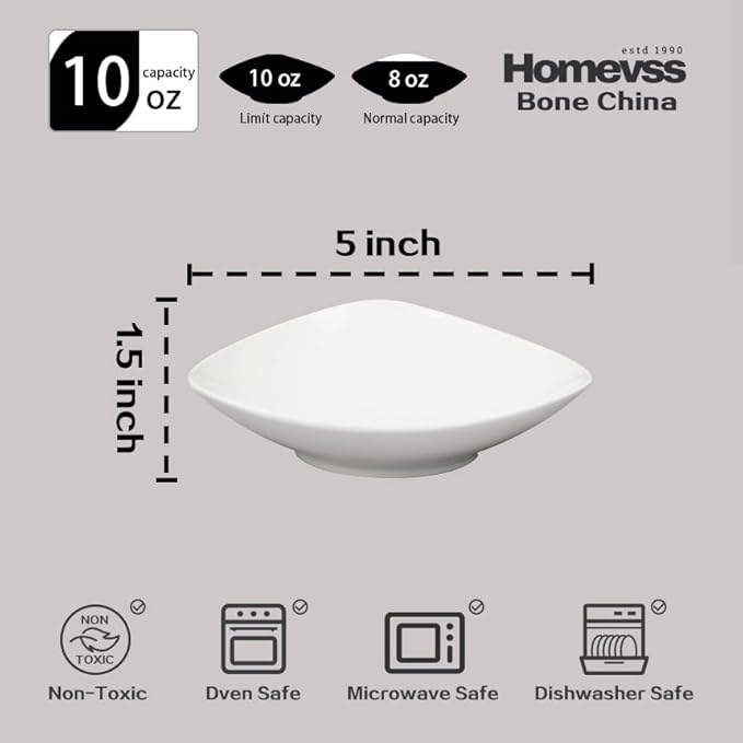 Bone China Elegance White Triangle Bowl 10oz 5inch x 5inch Set of 6 Pieces