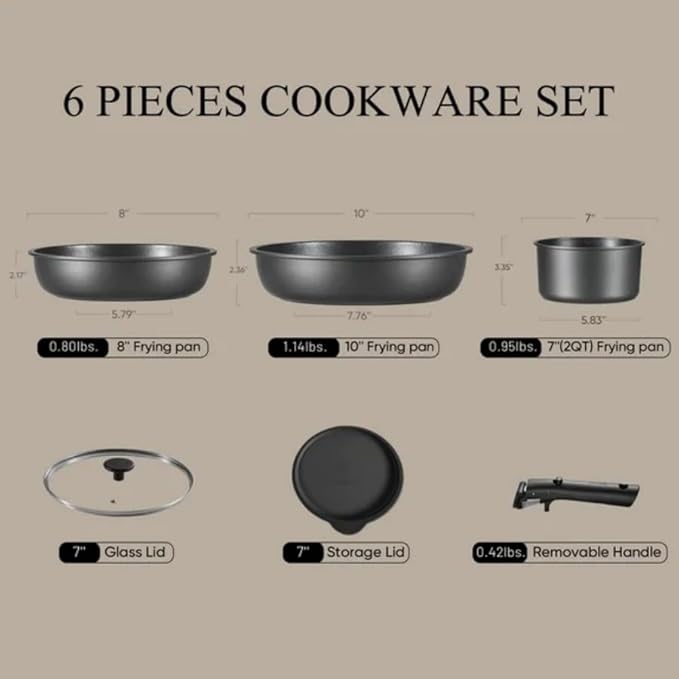Nonstick Detachable Pots and Pans Set 6 Pieces Induction Cookware Set Oven/Dishwasher Safe Easy for Storage