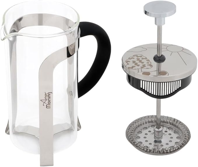 Any Morning French Press Coffee and Tea Maker Borosilicate Glass Coffee Press Stainless Steel Filter Durable and Heat Resistant Silver (600 ml 20 oz 2 Cup)