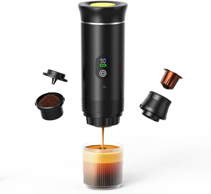 Portable Electric Nano Espresso Maker – Compact Travel Coffee Machine Compatible with Ground Coffee &amp Capsules for Car RV Hiking Camping &amp Office（Black）