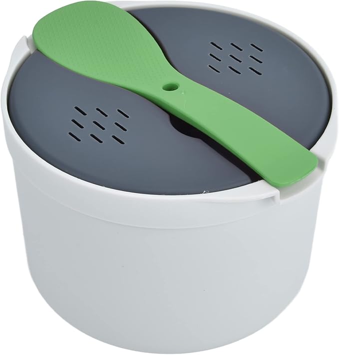 Yosoo Health Gear Microwave Rice Cooker 4in1 PP Kitchen Set with Measuring Cup Colander and Steamer 2L Container for Rice Grains and Veggies in Minutes Office and Small Kitchen (Green)