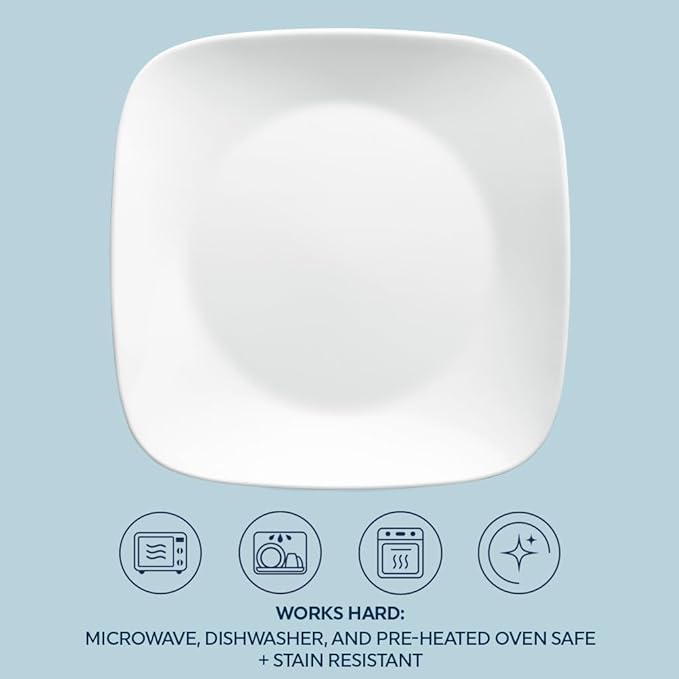 Corelle Vitrelle 18-Piece Service for 6 Square Dinnerware Set Triple Layer Glass and Chip Resistant Lightweight Square Plates and Bowls Set Pure White