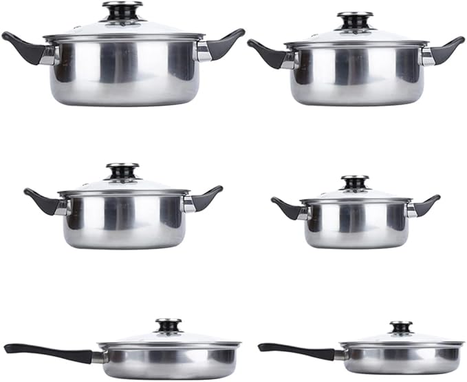 Solid 6 Piece Stainless Steel Cooking Pot &amp Pan Sets Cookware Set Kitchen Safe Saucepan Casserole Pan Glass Lid Pans