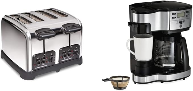 Hamilton Beach 24782 Retro Toaster with Wide Slots &amp 2-Way 12 Cup Programmable Drip Coffee Maker &amp Single Serve Machine Glass Carafe Auto Pause and Pour Black