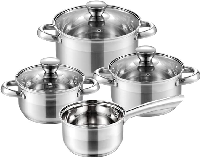 Cookware Set Stainless Steel 7- Piece Kitchen Cooking Pot&amp Pan Set Saucepan Casserole Steamer Frypan with Glass lid