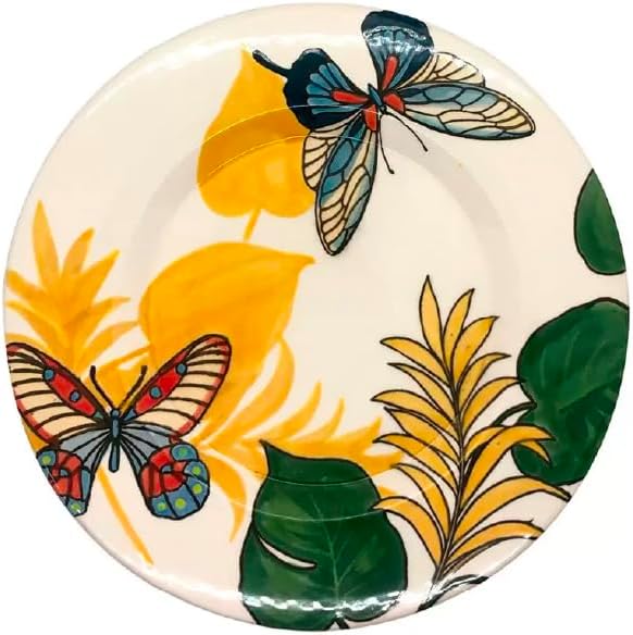 ARTESA ORGANICS BRIGHT NATURE AMARILLO Ceramic Dinnerware Set Yellow Butterfly Pattern with Tropical Leaves Handmade &amp Hand-Painted 4-Piece Collection Microwave Safe