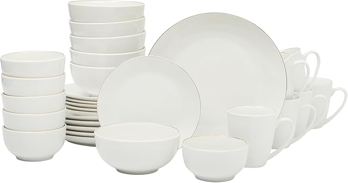 30 Piece Gold Banded Fine Ceramic Dinnerware Set – Service for 6 Elegant Round Plates Bowls &amp Mugs for Formal Dining and Everyday Meals