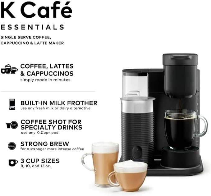 KeuriigK K Cafe Essentials Single Serve K Cup Pod Coffee Latte and Cappuccino Maker Built In Milk Frother Latte &amp Cappuccino Brewer Espresso Shot 3 Brew Sizes 42 oz Water Reservoir color Bl
