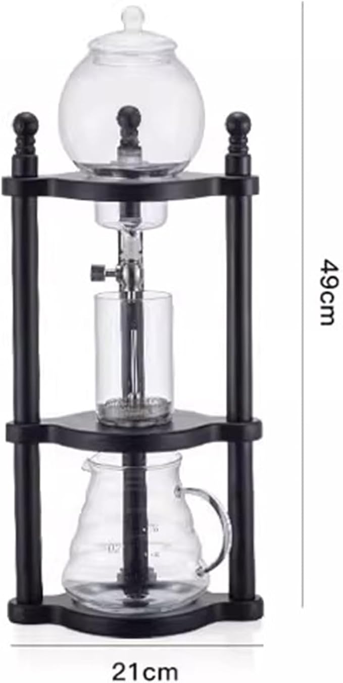 Ice Drip Coffee Maker Cold Brew Coffee Dripper Tower with Adjustable Dripper 600ml Glass Jug Wood Straight Frame for Home Coffee Shop 3-5 Cups (Black)
