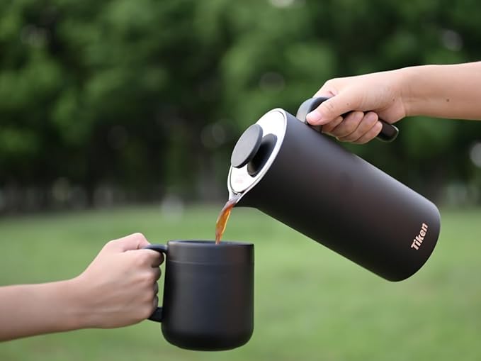 Tiken French Press Coffee Maker Stainless Steel Double-wall Vacuum Insulated Coffee Press Dishwasher Safe 34Oz Black