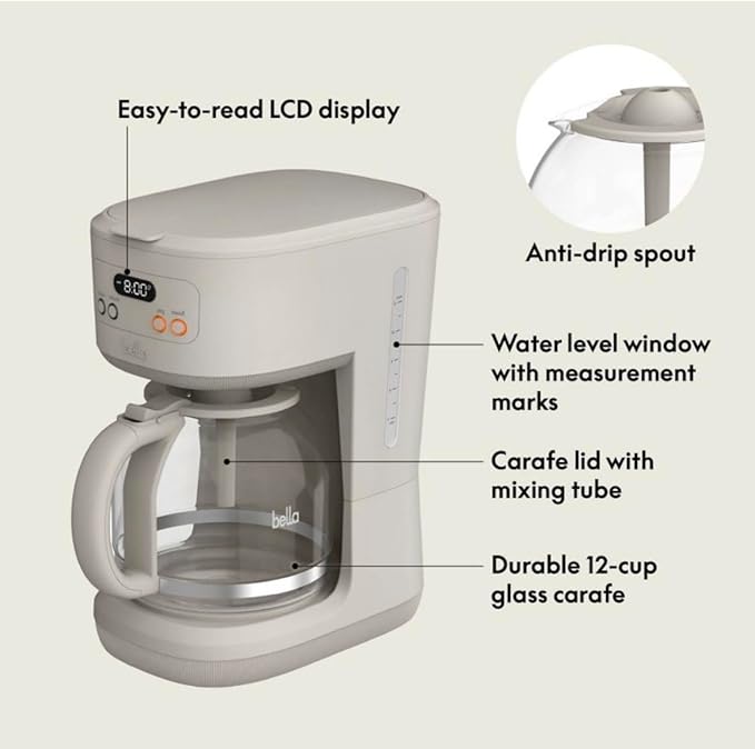 12-Cup Programmable Coffee Maker Oatmilk Color with LCD Display Anti-Drip Spout Glass Carafe One-Touch Operation Dishwasher-Safe Parts