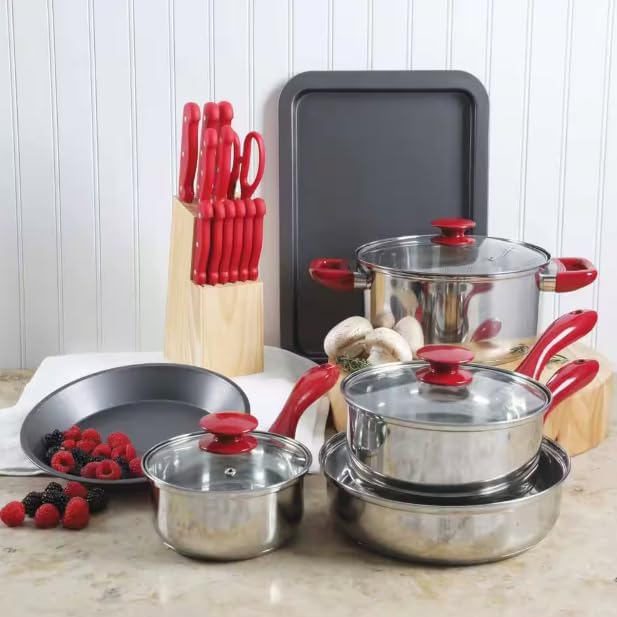 22-Piece Nonstick Cookware and Bakeware Set with Utensils – Kitchen Combo Set with Pots Pans Lids – Red Aluminum Cookware with Heat Resistant Handles