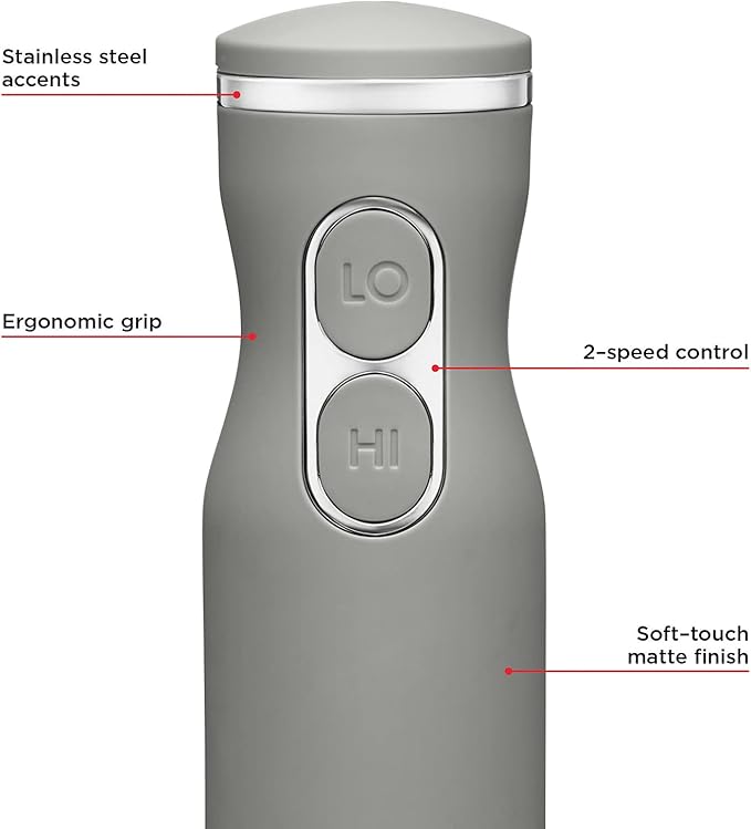 Chefman Immersion Stick Hand Blender with Stainless Steel Blades Powerful Electric Ice Crushing 2-Speed Control Handheld Food Mixer Purees Smoothies Shakes Sauces &amp Soups Grey