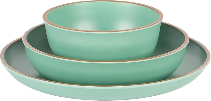 12-Piece Melamine Dinnerware Set – Double Bowl Lightweight Shatter-Resistant Plates and Bowls with Matte Finish – Dishwasher Safe Outdoor and Everyday Dining Set (Green)