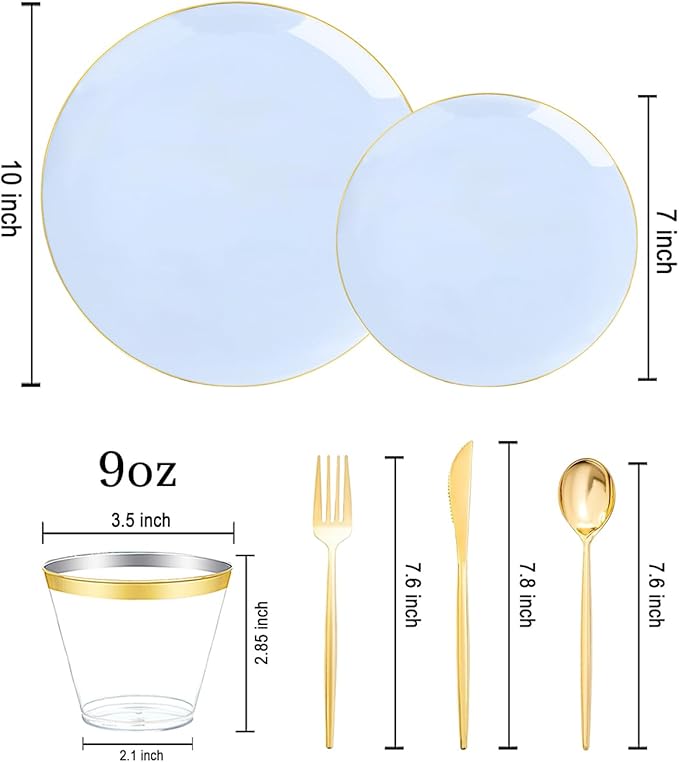 bUCLA 150PCS Blue Plastic Plates - Light Blue and Gold Disposable Include 25 Each (Dinner &amp Dessert) Plates 25 Knives 25 Forks 25 Spoons and 25 Cups Ideal for Party Easter Birthday &amp Wed