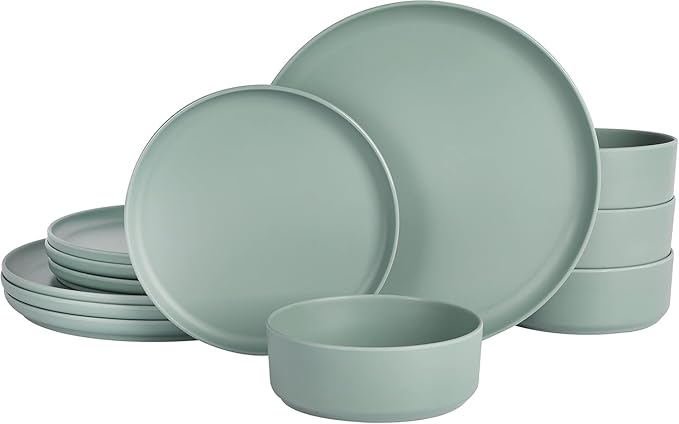 12-Piece Round Melamine Dinnerware Set – Lightweight Shatter-Resistant Plates &amp Bowls for 4 Stackable &amp Dishwasher Safe Tableware – Indoor &amp Outdoor Use (Sage Green)