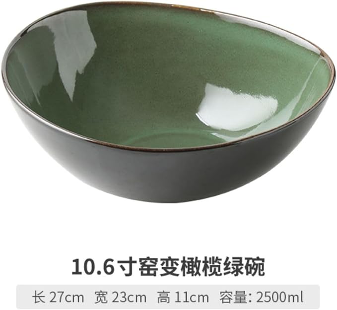 Thcbme 新款日式窑变异形三角大号汤碗汤盆水煮鱼大碗餐厅饭店江湖菜餐具/birthday plates Lounge Round Reactive Glaze Stoneware Dinnerware Set/10.6寸窑变橄榄绿碗
