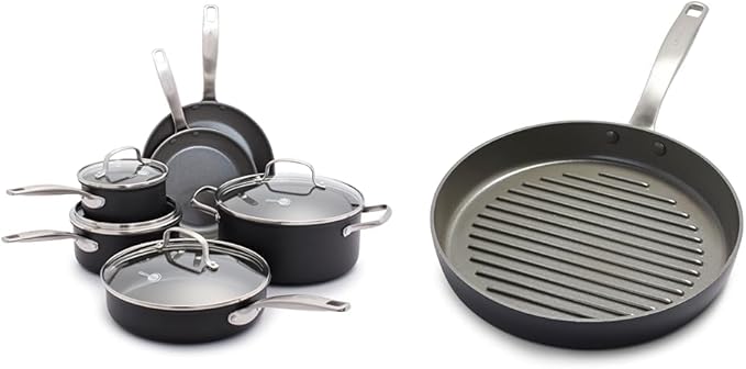 GreenPan Chatham Hard Anodized Healthy Ceramic Nonstick 10 Piece Cookware Pots and Pans Set &amp Chatham Hard Anodized Healthy Ceramic Nonstick 11 Grill Pan PFAS-Free Dishwasher Safe