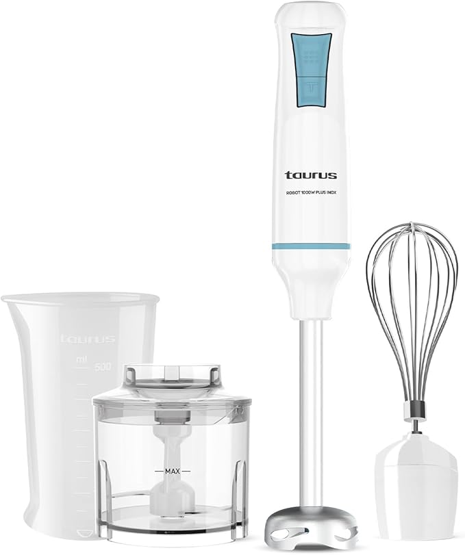 Taurus – 1000 Plus Stainless Steel Hand Blender Electric Mixer Blender 2 Speeds + Turbo Stainless Steel Blades Splash Proof Bell Ergonomic BPA-Free | Dishwasher Safe | With Accessories