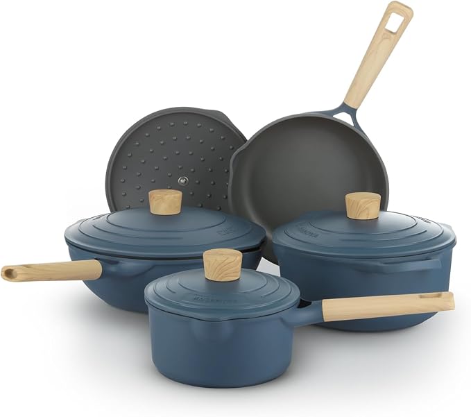 8Pcs Pots and Pans set Nonstick Cookware set Die-cast Aluminum cookware Kitchen Induction Pots and Pans cooking set Lid design PFOA-free Blue (blue 8Pcs)