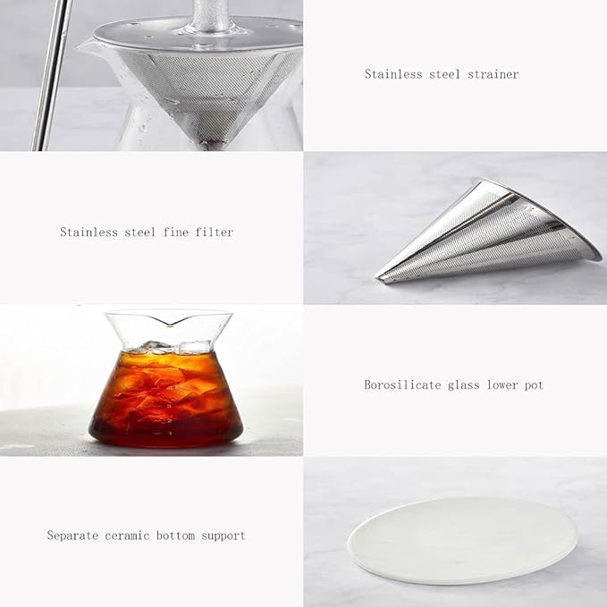 Habiba Iced Drip Coffee Maker Transparent Siphon Coffee Maker Cold Brew Coffee Maker with Stainless Steel Stand 400ml High Borosilicate Glass Top Pot Reusable