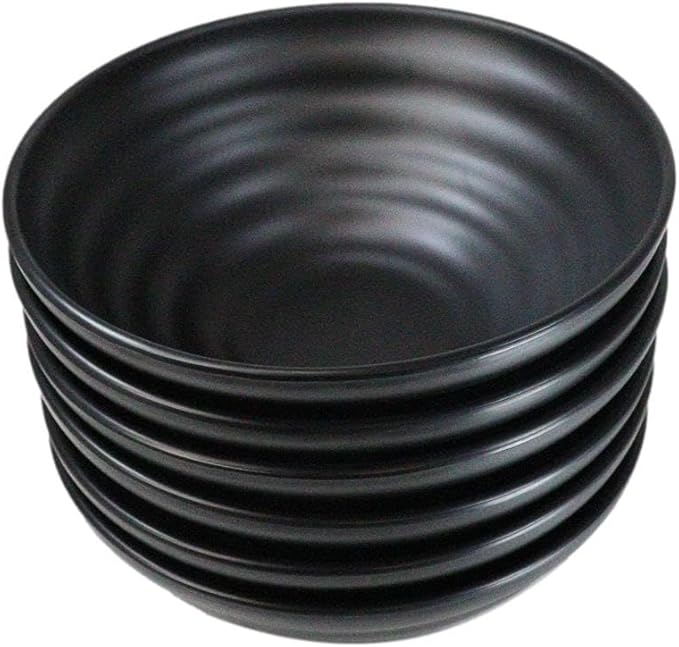Ebros Gift Contemporary Ridged Matte Black Melamine Series Dinnerware Serveware Kitchenware Set Japanese Chinese Restaurant Supply (Pack Of 6 Round Ramen Soup Pasta Salad Bowls 40oz)