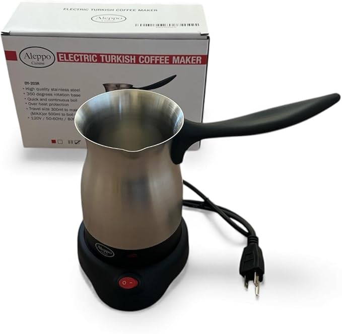 Electric Turkish Coffee Maker Kettle Pot Stainless Steel Cool Touch Handle Travel Size Fast Boil &amp Keeps Water Boiling for Arabic &amp Greek Coffee Tea 0.3L (SILVER)