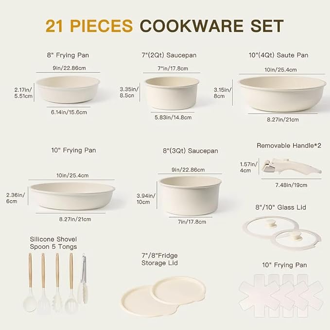 21-Piece Non-Stick Pots and Pans Set Ceramic Coating Cookware with Removable Handle &amp Glass Lids Compatible with All Stovetops Including Induction Oven &amp Fridge Safe Milky White