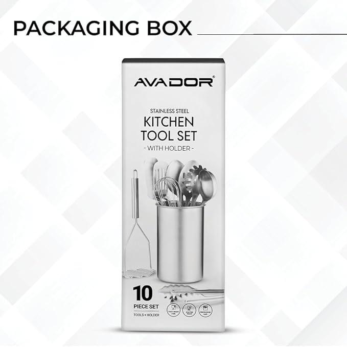 Avador® Premium Set of 10 Stainless Steel Kitchen Tool Set with Holder Easy To Clean Space Saving Great for Cooking Baking Prepping