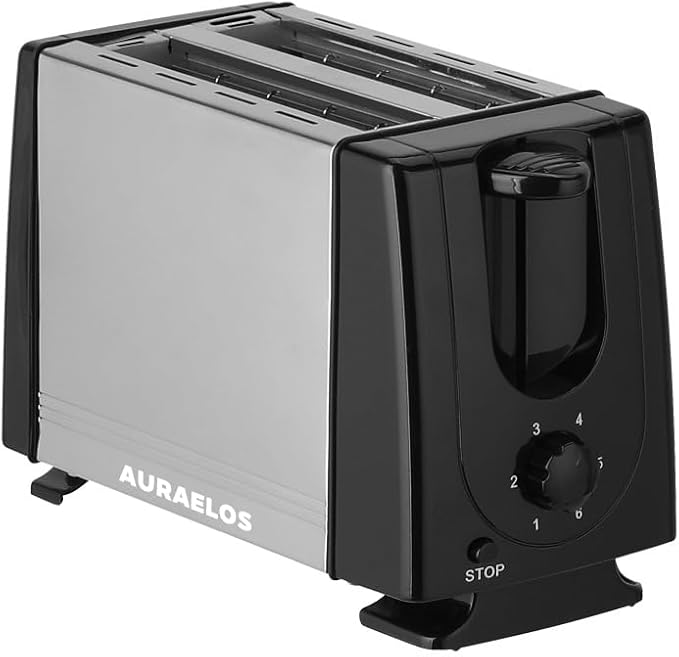 AURAELOS Toaster with Stainless Steel Housing 800W 36V Automatic Control Black and Silver 24.5x11.5x15.4cm