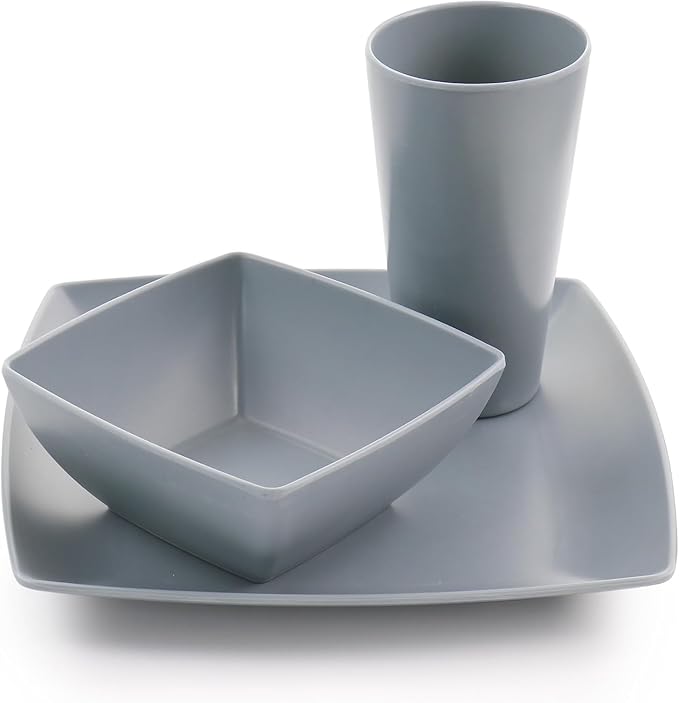 12-Piece Square Melamine Dinnerware Set – Durable Lightweight Outdoor Plates and Bowls Raised Edge Design Dishwasher Safe Tableware for Casual Indoor &amp Outdoor Dining – Gray Orange Green (Gray