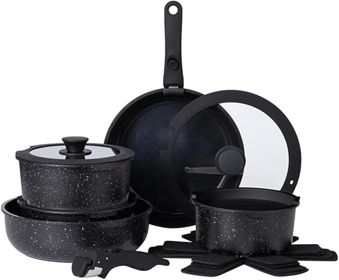 13 Piece Kitchen Black Pots and Pans Set Safe Nonstick Kitchen Cookware with Removable Handle Cookware Set Oven SafeA13Pcs