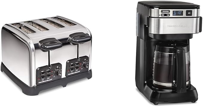Hamilton Beach 24782 Retro Toaster with Wide Slots Sure-Toast echnology Bagel &amp Defrost Settings &amp Programmable Coffee Maker 12 Cups Front Access Easy Fill Pause &amp Serve