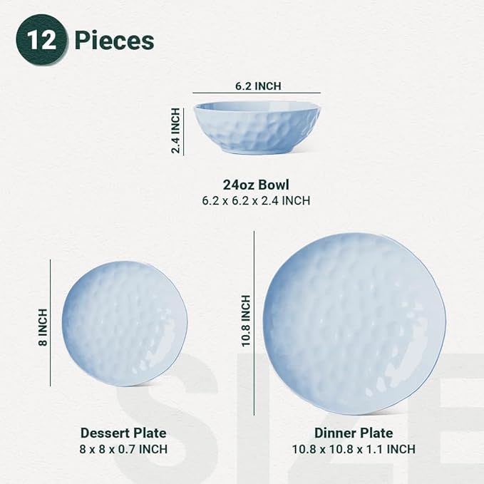 HOMBENE Plates and Bowls Sets Dinnerware Set 12 Piece Service Porcelain Dinnerware for 4 for Dessert Salad and Pasta Celestial Blue Dishes