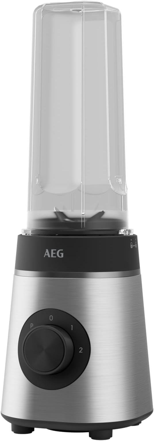 AEG MiniMixer SB4-1-4ST Blender / 350 W Motor / 23000 rpm / 2 Dishwasher and Shatterproof 600 ml Drinking Bottles / 4-Blade Knife/Control/BPA Free/Pulse Button/Brushed Stainless Steel