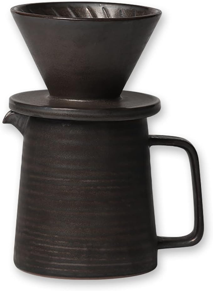 Stoneware Handmade Pour Over Coffee Maker Set Ceramic Coffee Brewer Hand Drip Cone Dripper &amp Coffee Pot Microwaveable Decanter Retro Metallic Glaze 16oz