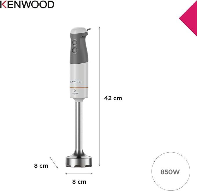Kenwood HBM40.302WH TriBlade System 3 Blade Turbo 1 Speed Metal Rod 20 cm with Whisk Measuring Cup Shredder 0.5 L 850 W White