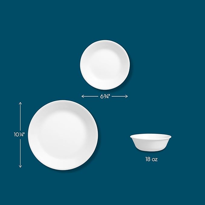 Corelle Vitrelle 18-Piece Service for 6 Dinnerware Set Triple Layer Glass and Chip Resistant Lightweight Round Plates and Bowls Set Winter Frost White