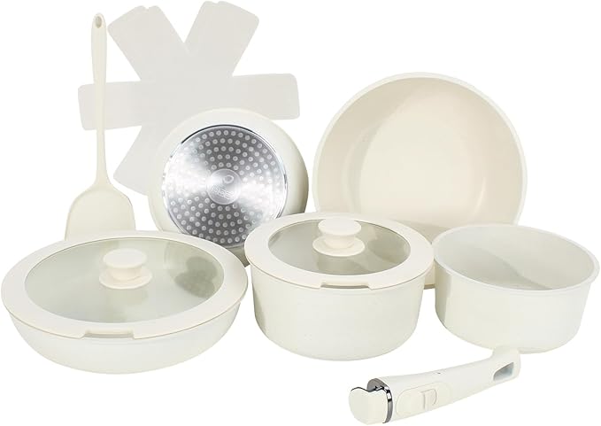 11 PCS pots and pans set pots and pans set non stick Removable Handles Induction and Oven Safe Cookware Set Dishwasher Safe Cream