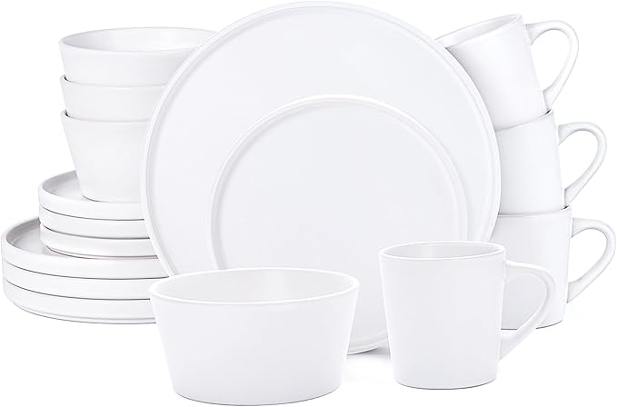 Plates and Bowls Sets for 4 - CJDC-QUELO 16 Piece Stoneware Dinnerware Sets with Mugs Ceramic Dishware Sets for Kitchen Dining Use Chip and Scratch Resistant Microwave Dishwasher Safe White