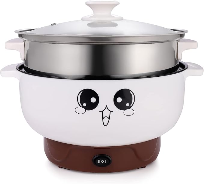 Electric Skillet 4-in-1 Multifunctional Electric Cooker Skillet Grill Pot for Cooking Rice Hotpot Soup Steam Eggs Fried Noodles Small Kitchen Cooker Non-Stick (3.2L with Steamer)