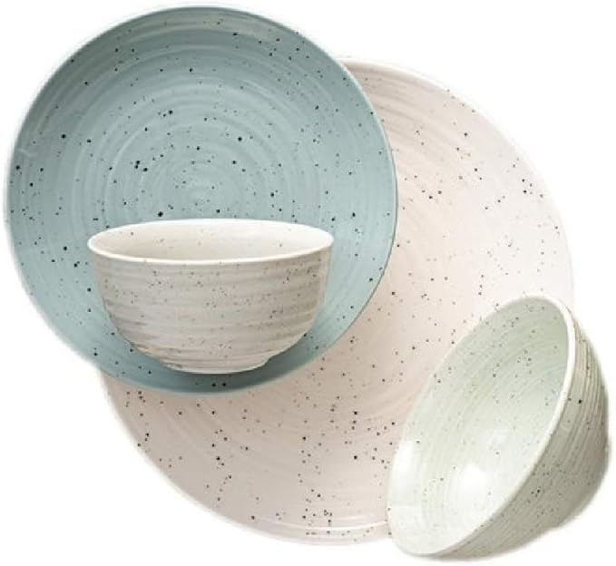 16 Piece All Seasons Farmhouse Casual Solid Textured Pattern Stoneware Dinnerware Sets Modern &amp Contemporary Rustic Charm Multi Colored White Seafoam Blue Plates and Bowls Sets