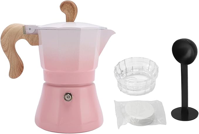 JTLB Italian Coffee Maker 150ml Single Valve Coffee Pot with Coffee Distributor Spoon Paper Filter 3 Cups (Gradient Pink)